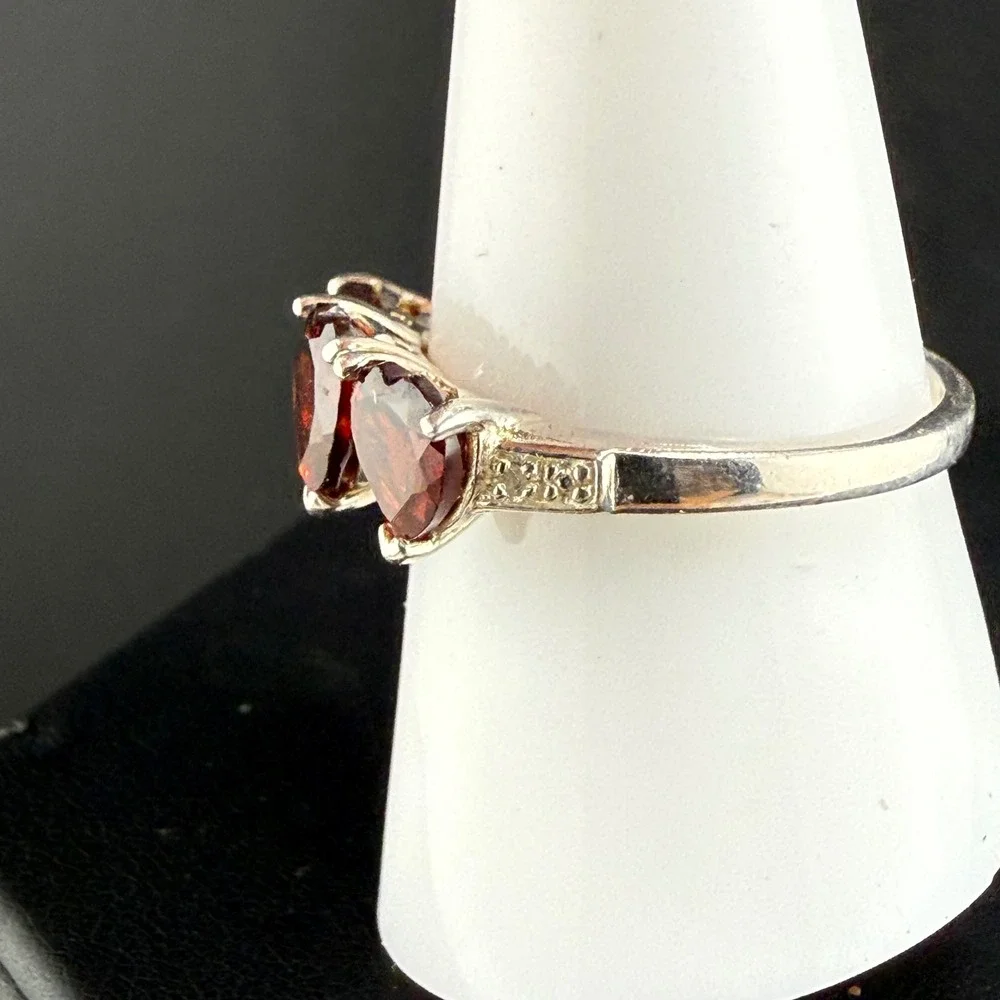 Vintage Sterling Silver Ring Red Heart Triple Stone Size 9